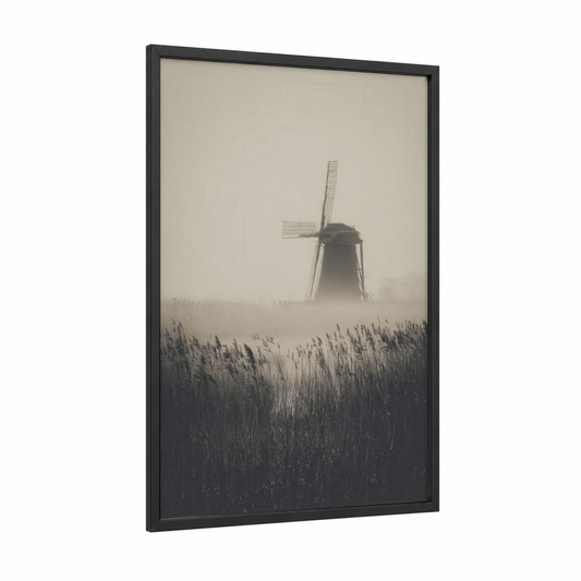 Misty Windmill framed windmills print — black wood frame — gray and black and white palette
