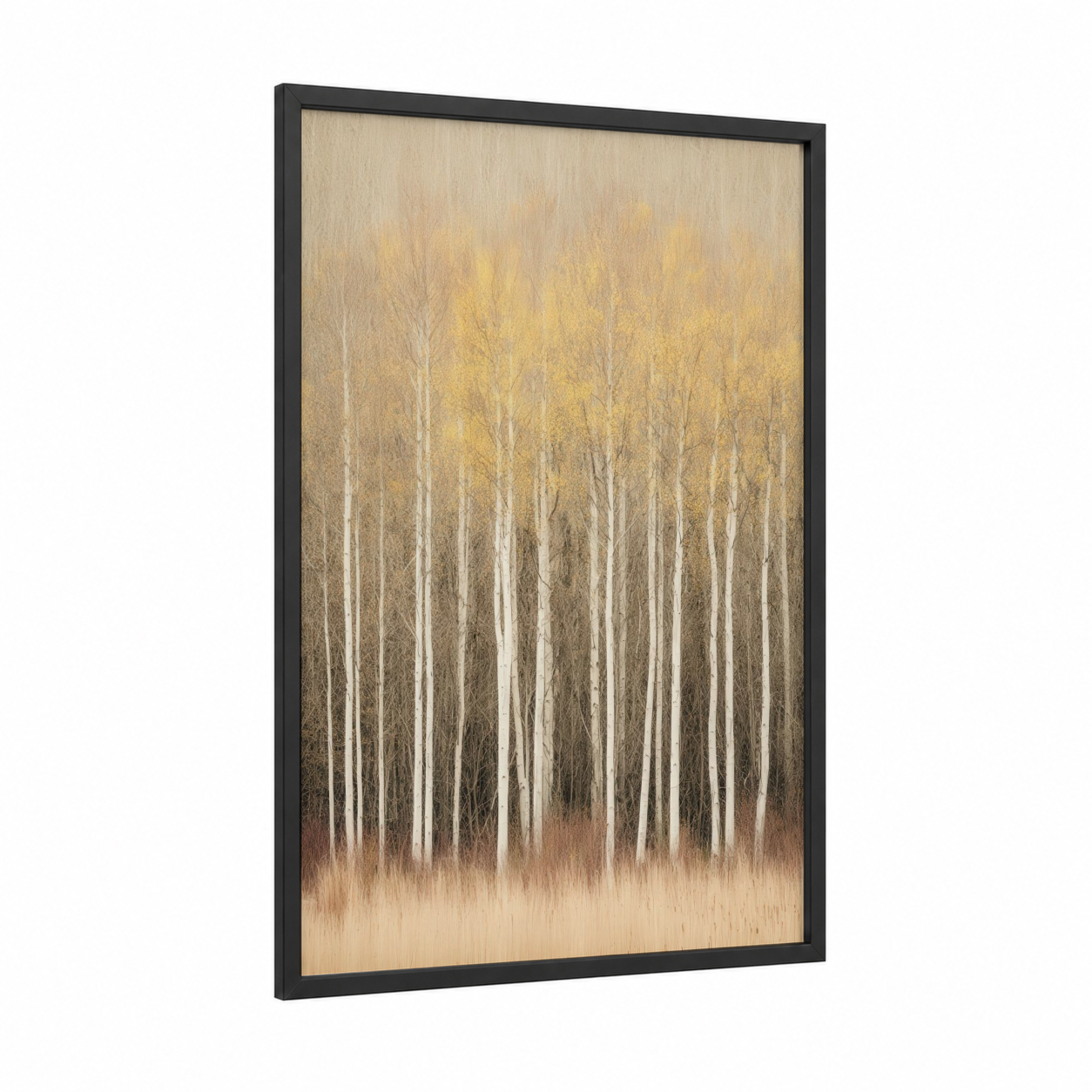 Golden Aspen Forest framed art print — black wood frame — cream and gold palette