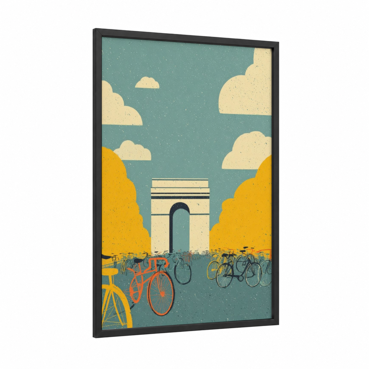 Arc de Triomphe Autumn framed art print — black wood frame — teal and yellow gold palette