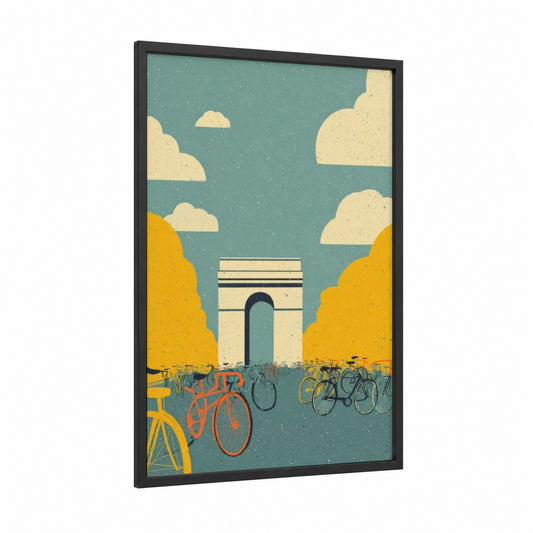 Arc de Triomphe Autumn framed art print — black wood frame — teal and yellow gold palette