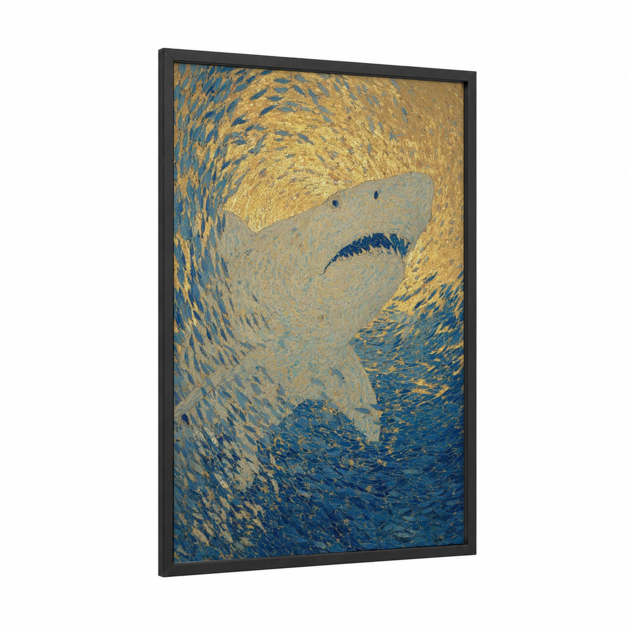 Golden Shark framed sand tiger shark print — black wood frame — gold and blue palette