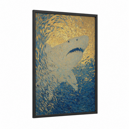 Golden Shark framed sand tiger shark print — black wood frame — gold and blue palette