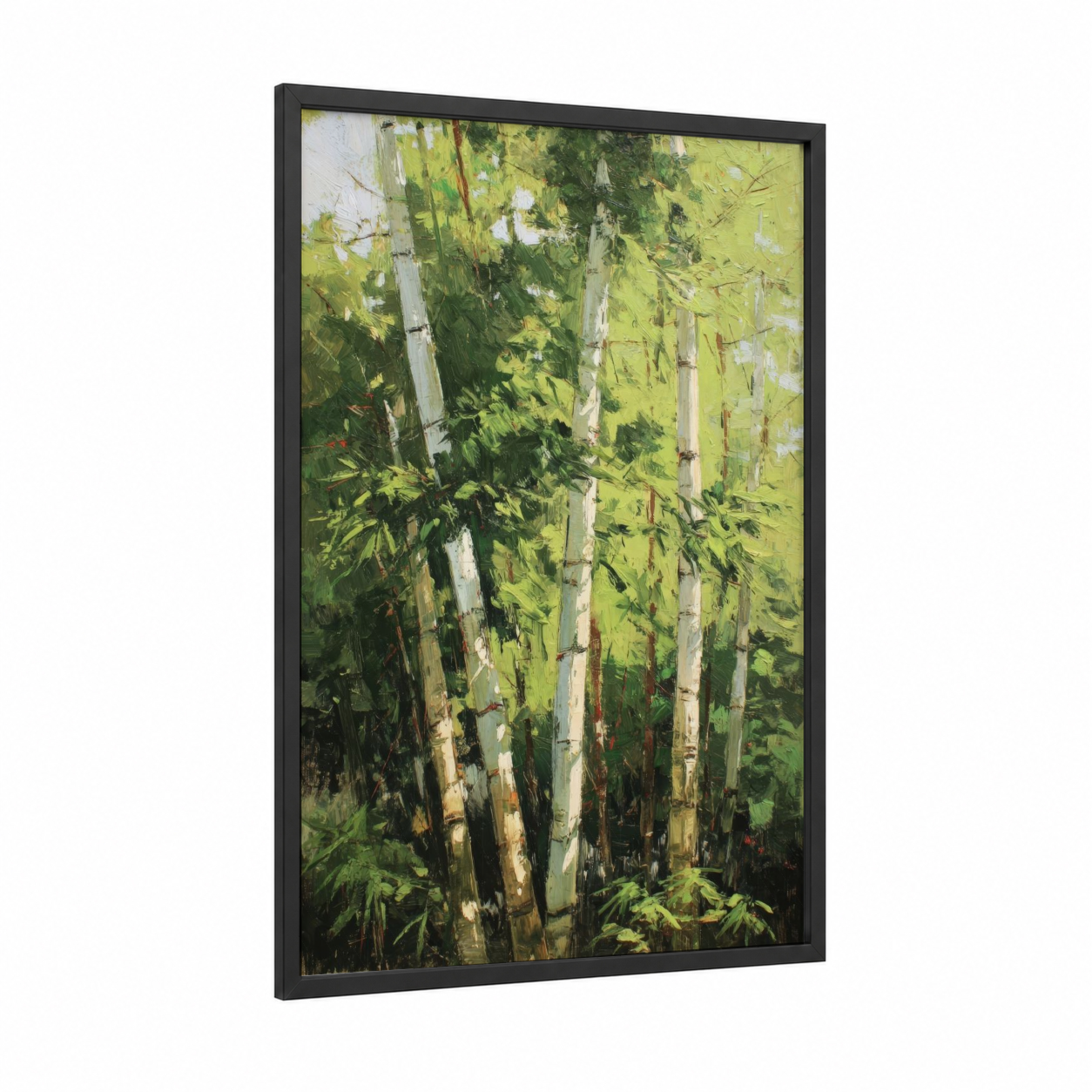 Luminous Bamboo Forest framed art print — black wood frame — light green and gold palette