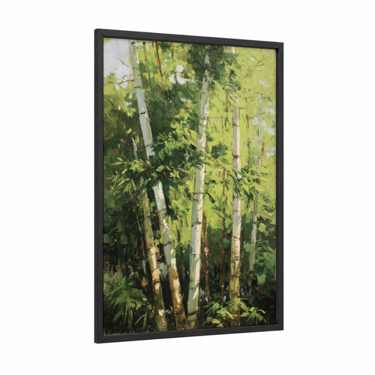 Luminous Bamboo Forest framed art print — black wood frame — light green and gold palette