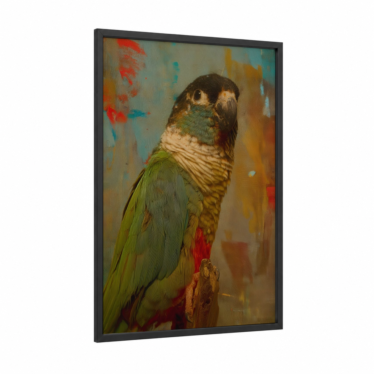 Emerald Parrot Portrait framed safari parrots print — black wood frame — gold and teal palette