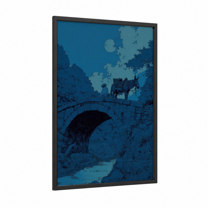 Moonlit Mule framed art print — black wood frame — blue and dark blue palette