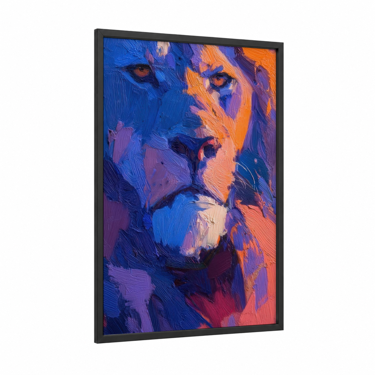 Colorful Lion Portrait framed art print — black wood frame — blue and orange palette