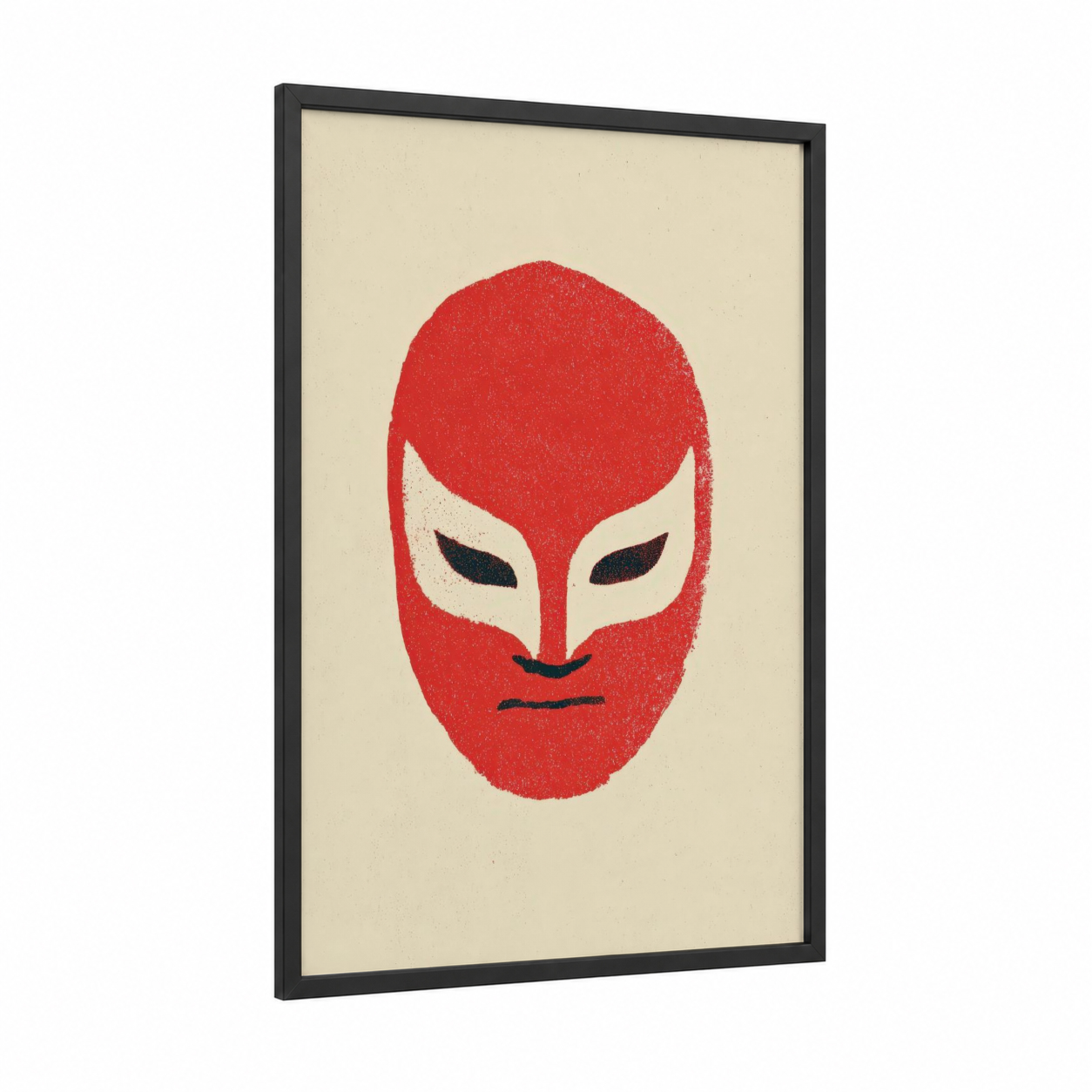 Red Wrestler Mask framed wrestling print — black wood frame — red and cream palette