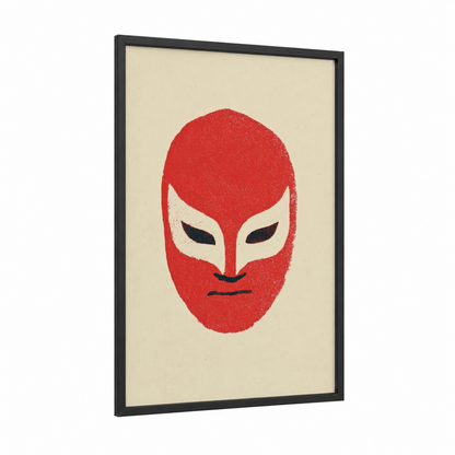 Red Wrestler Mask framed wrestling print — black wood frame — red and cream palette