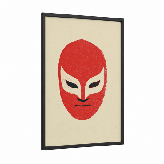 Red Wrestler Mask framed wrestling print — black wood frame — red and cream palette