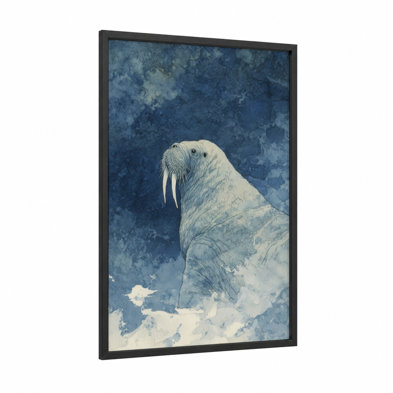 Arctic Walrus framed art print — black wood frame — blue and white palette
