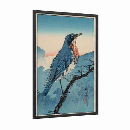 Perched Thrush framed art print — black wood frame — blue and peach palette