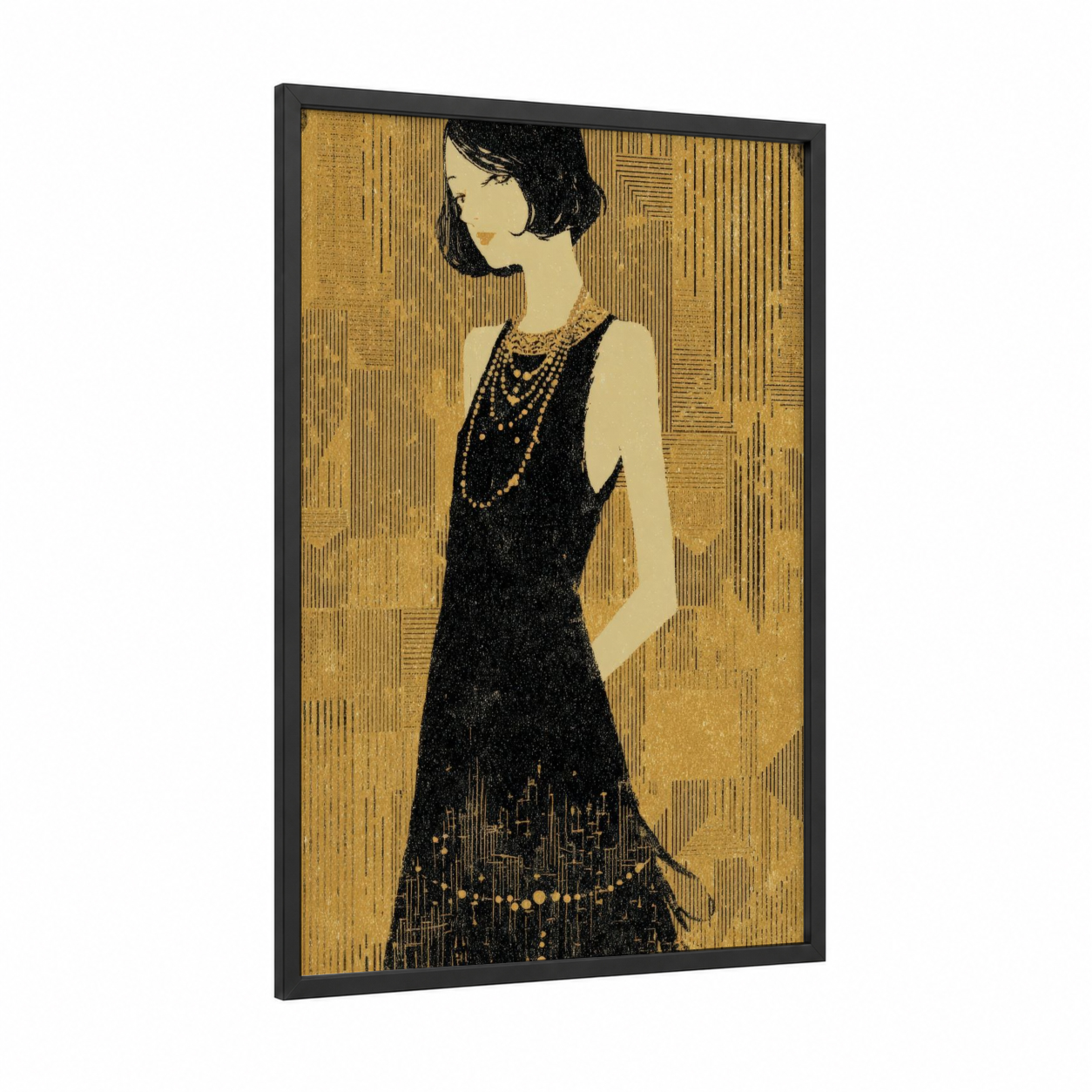 Art Deco Elegance framed fashion illustration print — black wood frame — black and gold and champagne gold palette