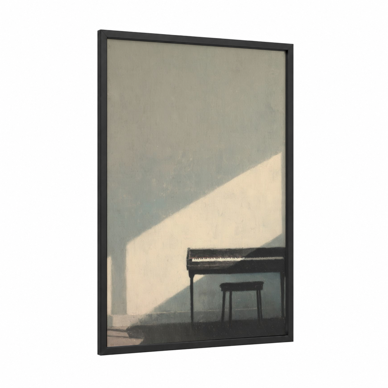 Sunlit Piano framed keyboard print — black wood frame — cream and dove gray palette