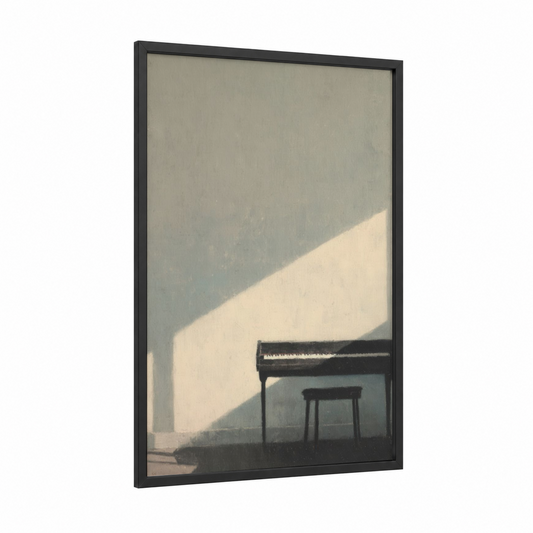 Sunlit Piano framed keyboard print — black wood frame — cream and dove gray palette