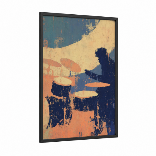 Abstract Drums framed art print — black wood frame — dark blue and yellow gold palette