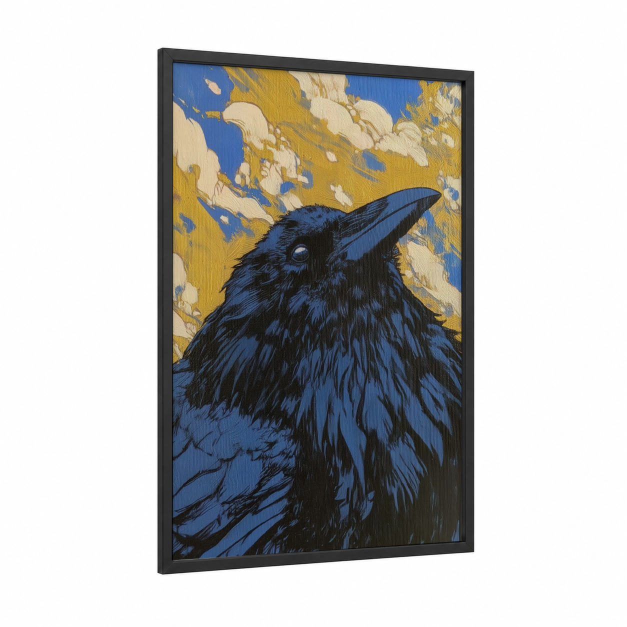 Cobalt Raven framed crows and ravens print — black wood frame — blue and gold and black and white palette