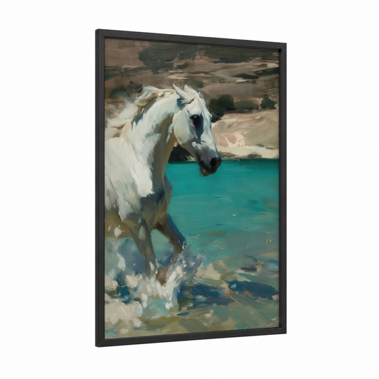 Turquoise Waters Arabian framed arabian horse print — black wood frame — white and turquoise palette