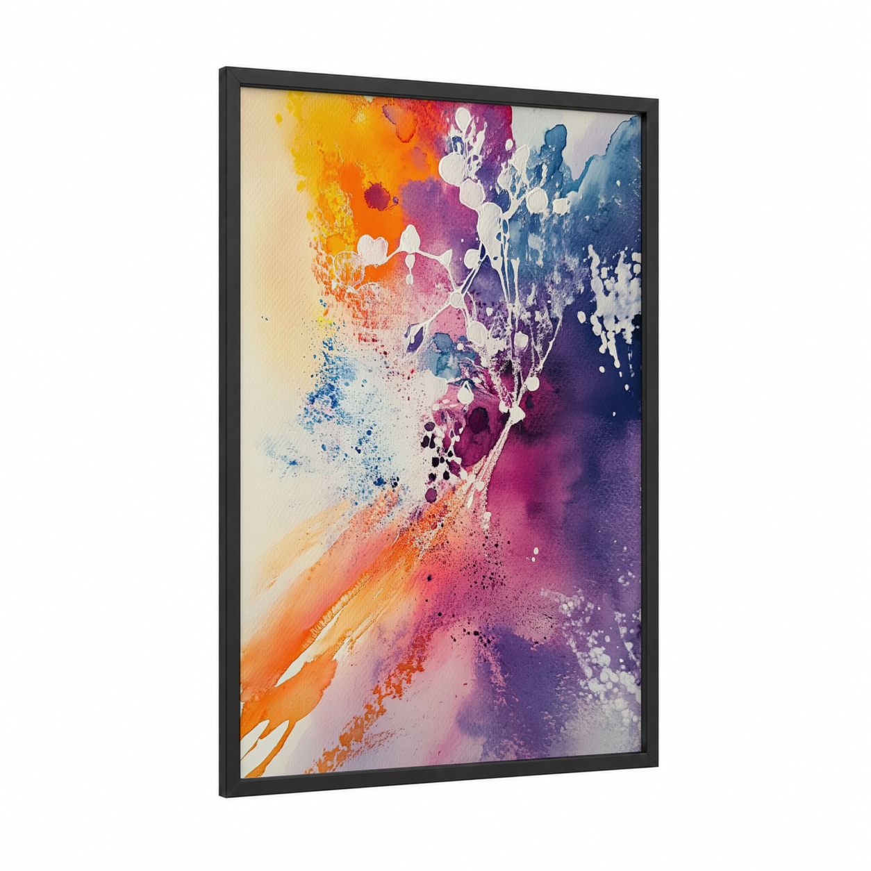 Chromatic Splatter framed abstract expressionism print — black wood frame — magenta and gold palette