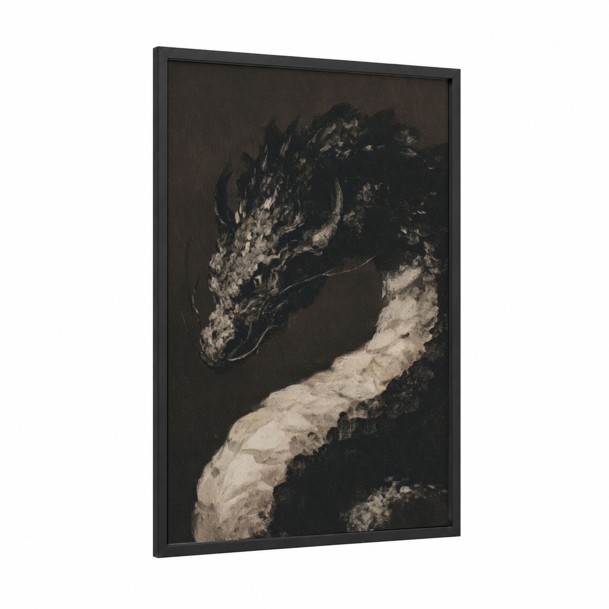 Coiled Basilisk framed art print — black wood frame — black and white and cream palette