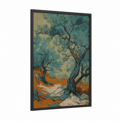 Twisted Olive Grove framed olive tree print — black wood frame — teal and russet palette
