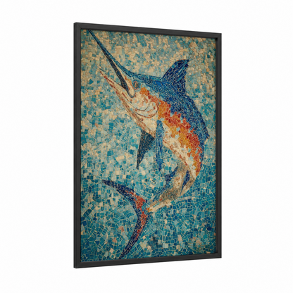Azure Marlin Mosaic framed art print — black wood frame — blue and orange palette