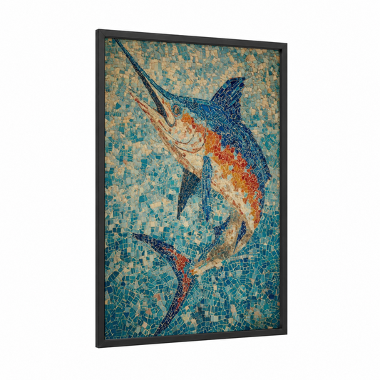 Azure Marlin Mosaic framed art print — black wood frame — blue and orange palette