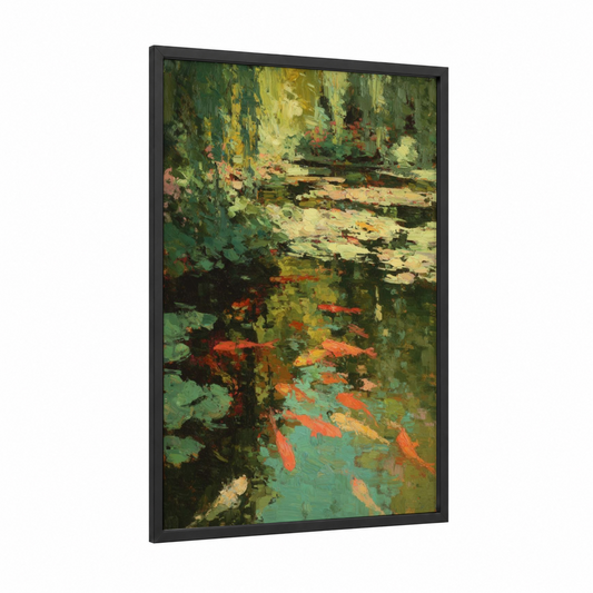 Koi Pond Garden framed koi fish print — black wood frame — green and teal palette