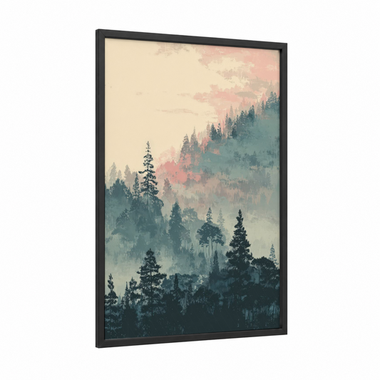 Misty Pine Forest framed art print — black wood frame — blue and peach palette