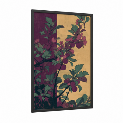 Plum Orchard Diptych framed fruit trees print — black wood frame — maroon and cream palette