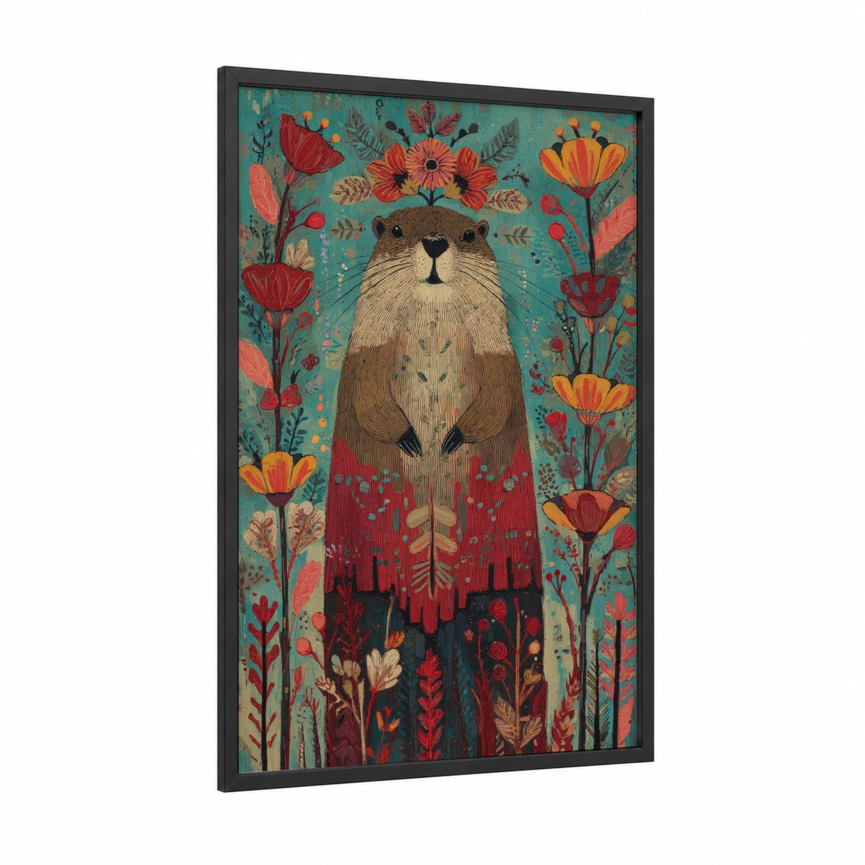 Wildflower Beaver framed art print — black wood frame — teal palette