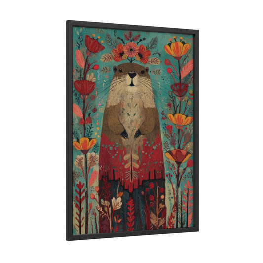 Wildflower Beaver framed art print — black wood frame — teal palette