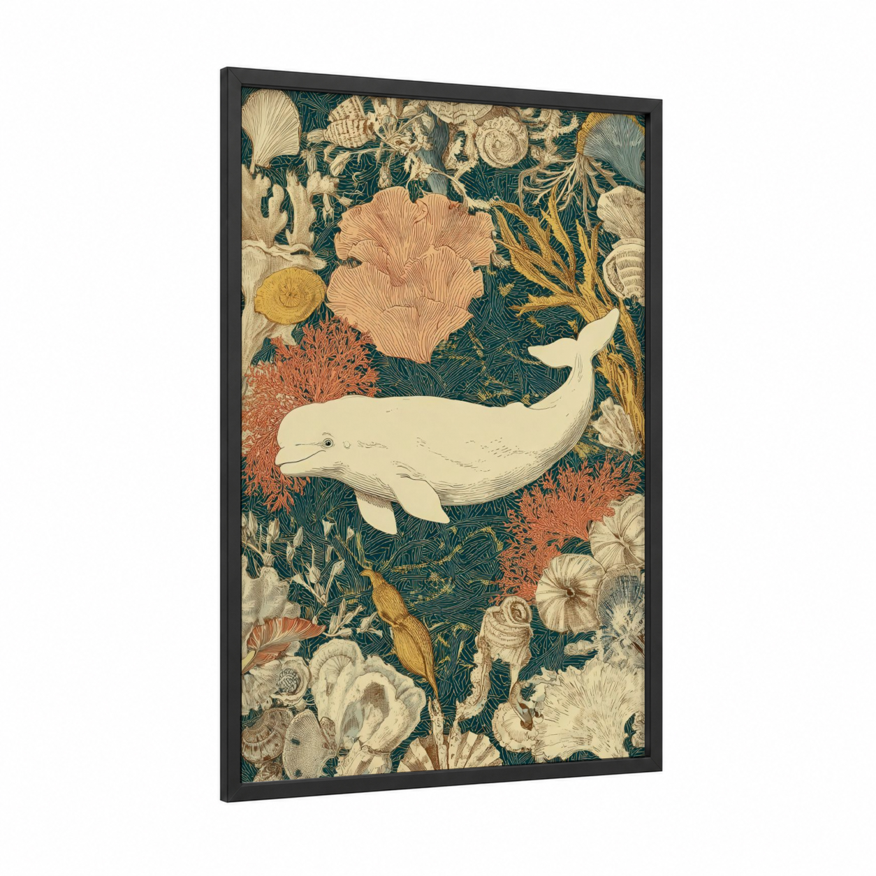 Beluga Garden framed beluga whale print — black wood frame — teal and cream palette