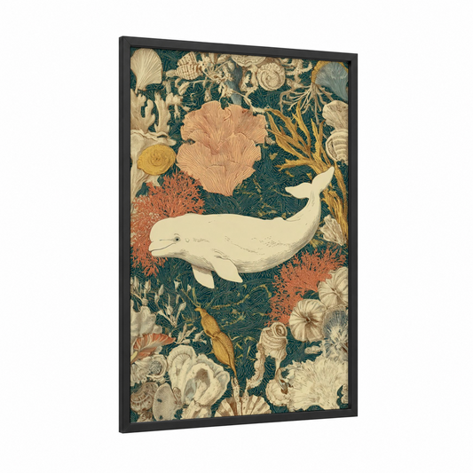Beluga Garden framed beluga whale print — black wood frame — teal and cream palette