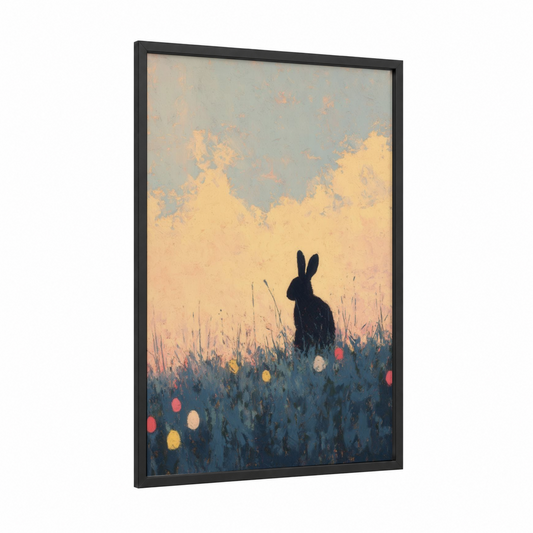 Silhouette Bunny framed easter print — black wood frame — peach and bermuda gray palette