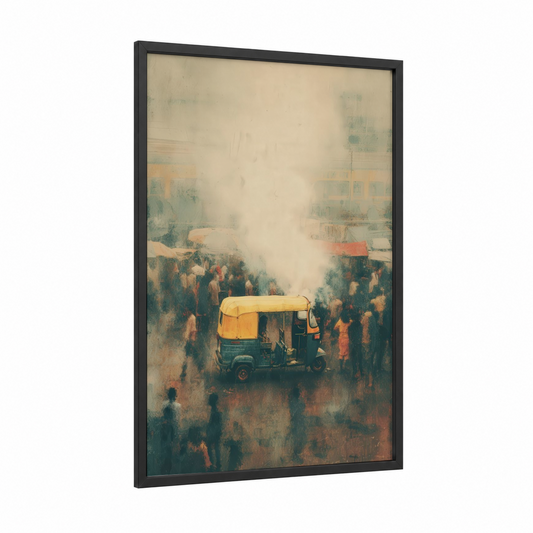 Golden Rickshaw framed art print — black wood frame — gold and teal palette