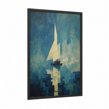 Ethereal Sailing Ship framed art print — black wood frame — blue and cream palette