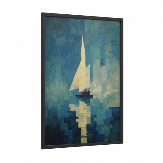 Ethereal Sailing Ship framed art print — black wood frame — blue and cream palette