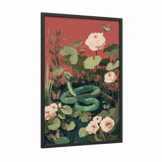 Garden Viper framed art print — black wood frame — salmon pink and light green palette