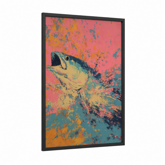 Neon Tarpon framed art print — black wood frame — pink and gold palette