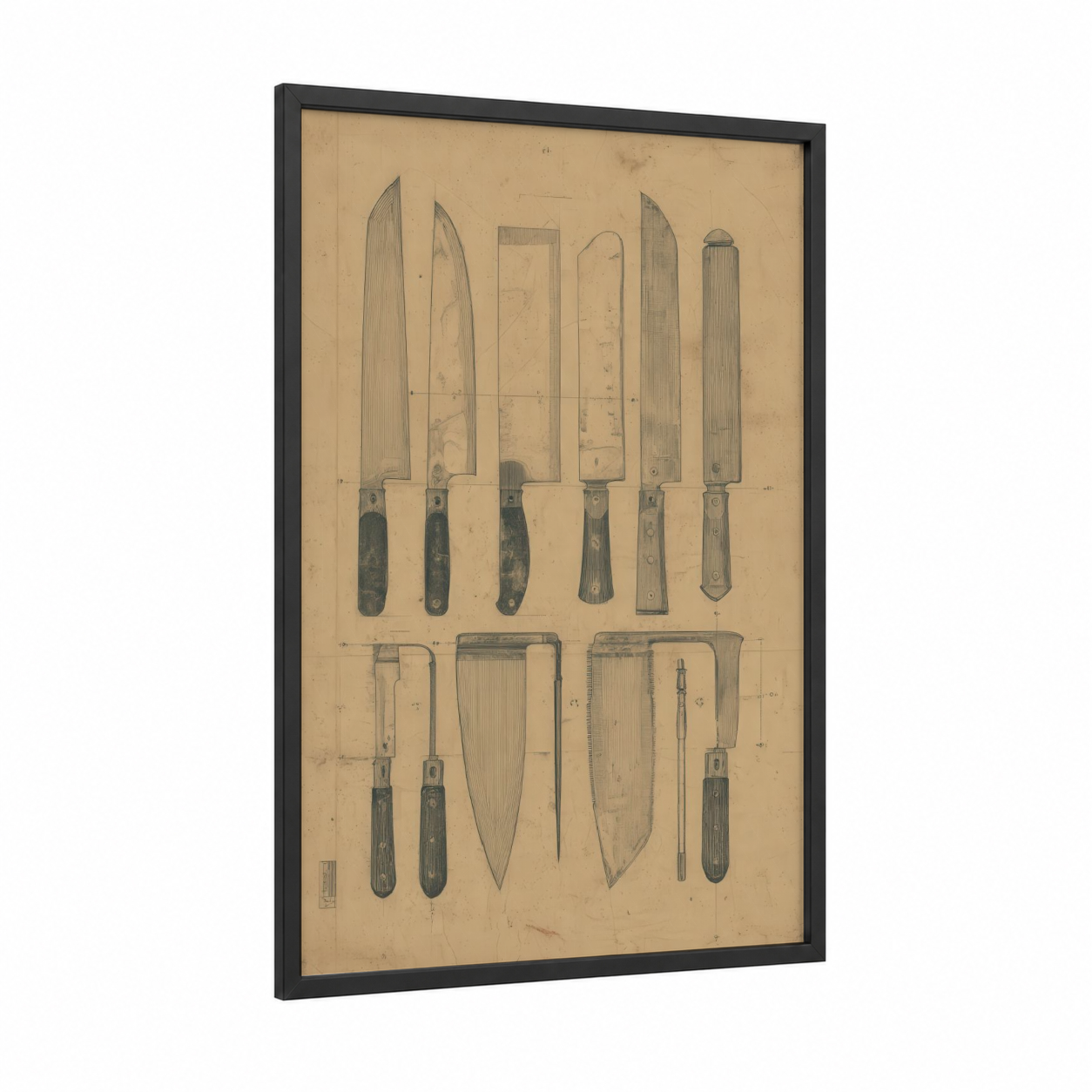 Vintage Butcher Knives framed meat print — black wood frame — beige and black and white palette