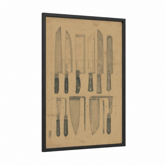 Vintage Butcher Knives framed meat print — black wood frame — beige and black and white palette