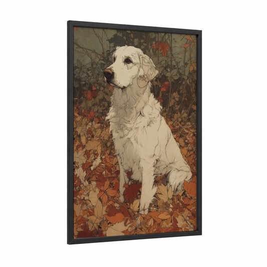 Autumn Retriever framed art print — black wood frame — russet and cream palette