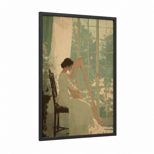 Harp Musician Portrait framed art print — black wood frame — sage green and cream palette