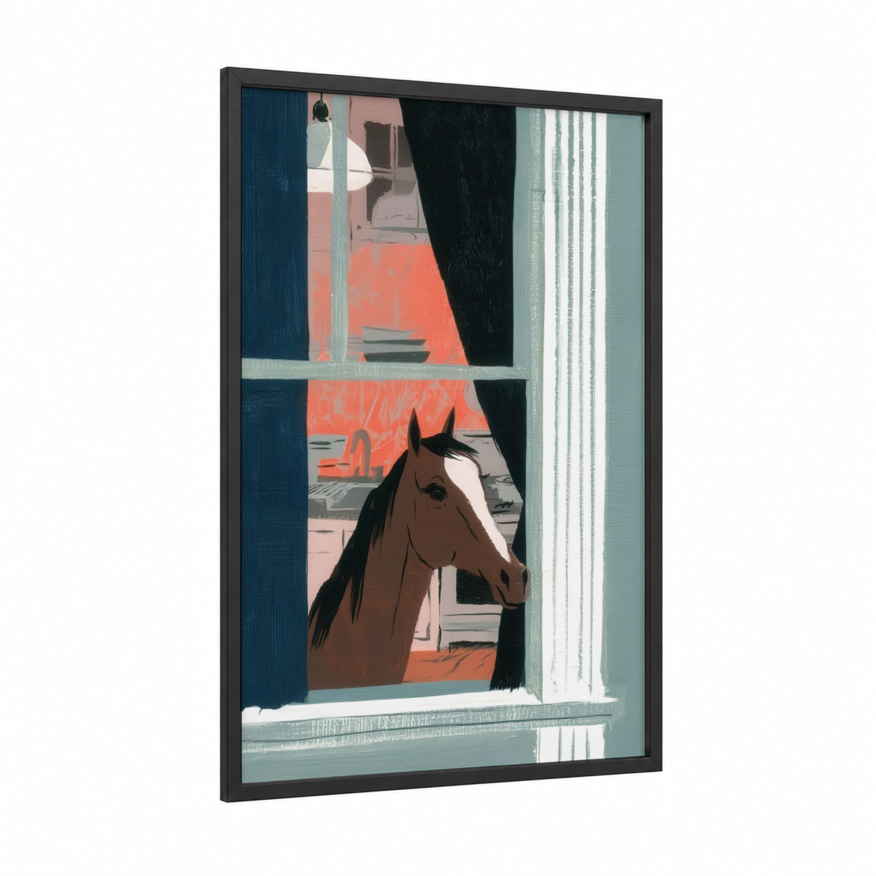 Stable Window Horse framed thoroughbred horse print — black wood frame — blue and peach palette