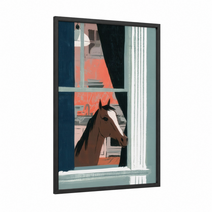 Stable Window Horse framed thoroughbred horse print — black wood frame — blue and peach palette