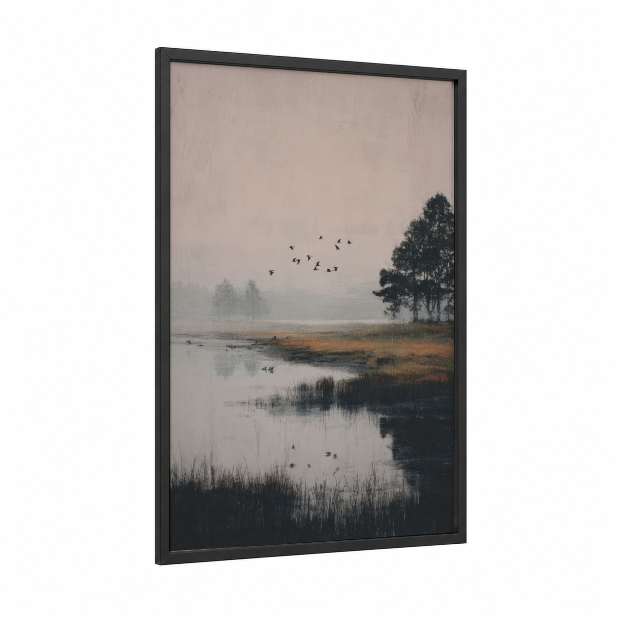 Misty Lake Morning framed lakes print — black wood frame — gray and dove gray palette