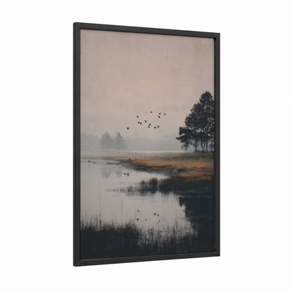 Misty Lake Morning framed lakes print — black wood frame — gray and dove gray palette