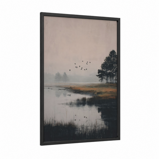 Misty Lake Morning framed lakes print — black wood frame — gray and dove gray palette