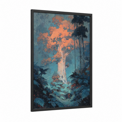 Glowing Kauri Tree framed art print — black wood frame — teal and orange palette